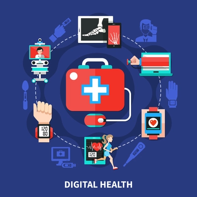 Digital healthcare symbols flat circle composition with mobile medical devices measuring body functions and parameters vector illustration