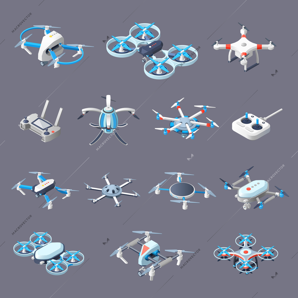 Drones isometric icons with unmanned aircrafts of different purpose with controllers isolated on grey background vector illustration