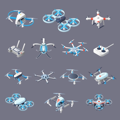 Drones isometric icons with unmanned aircrafts of different purpose with controllers isolated on grey background vector illustration