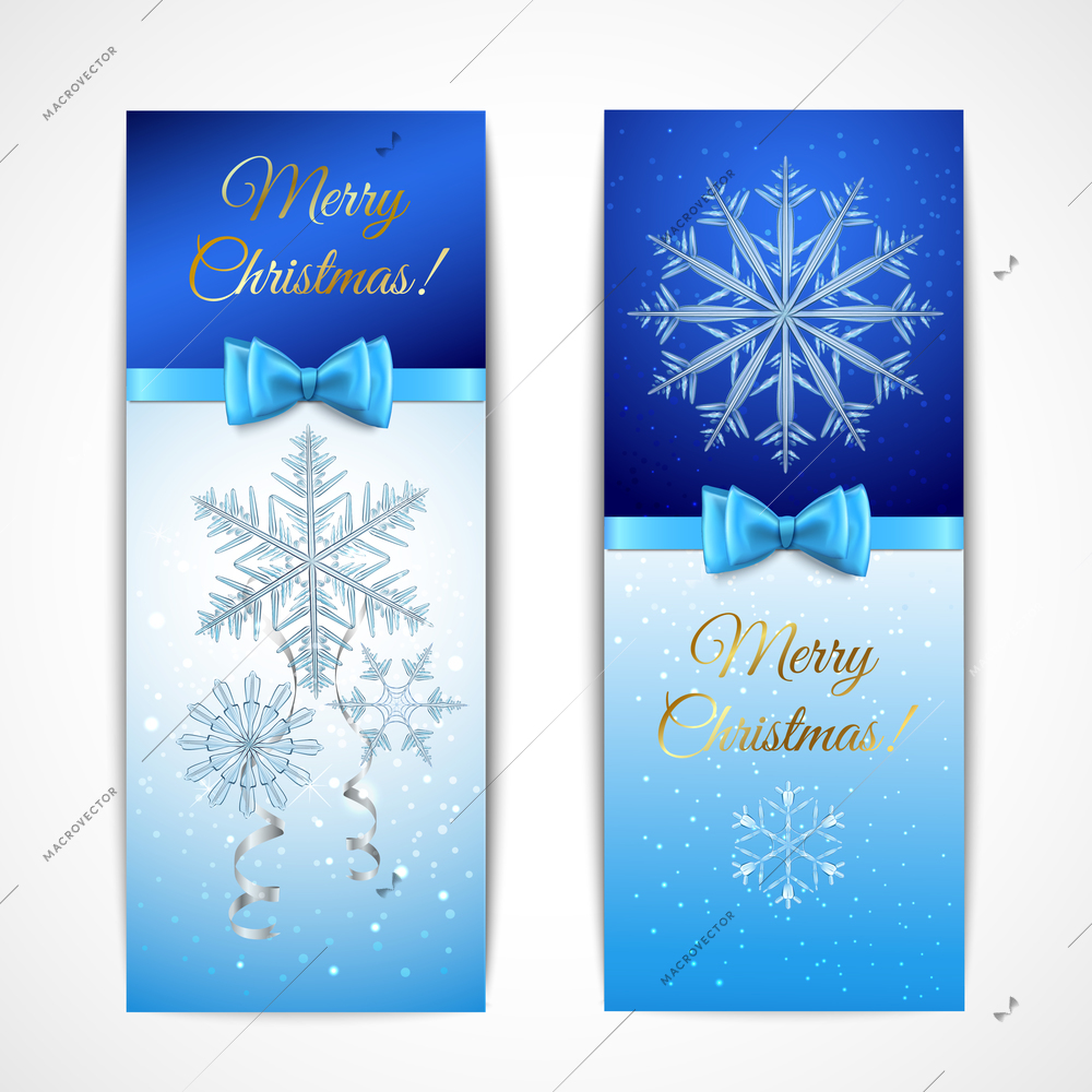 Christmas vertical banners on dark and light blue background with greetings, snowflakes, textile ribbons isolated vector illustration