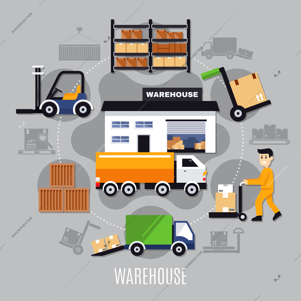 Warehouse colored composition with colored icon set on theme combined in big circle vector illustration