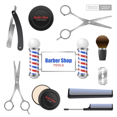 Realistic barber shop tools accessories set with scissors razor shaving brush moisturizing and soothing gels  vector illustration