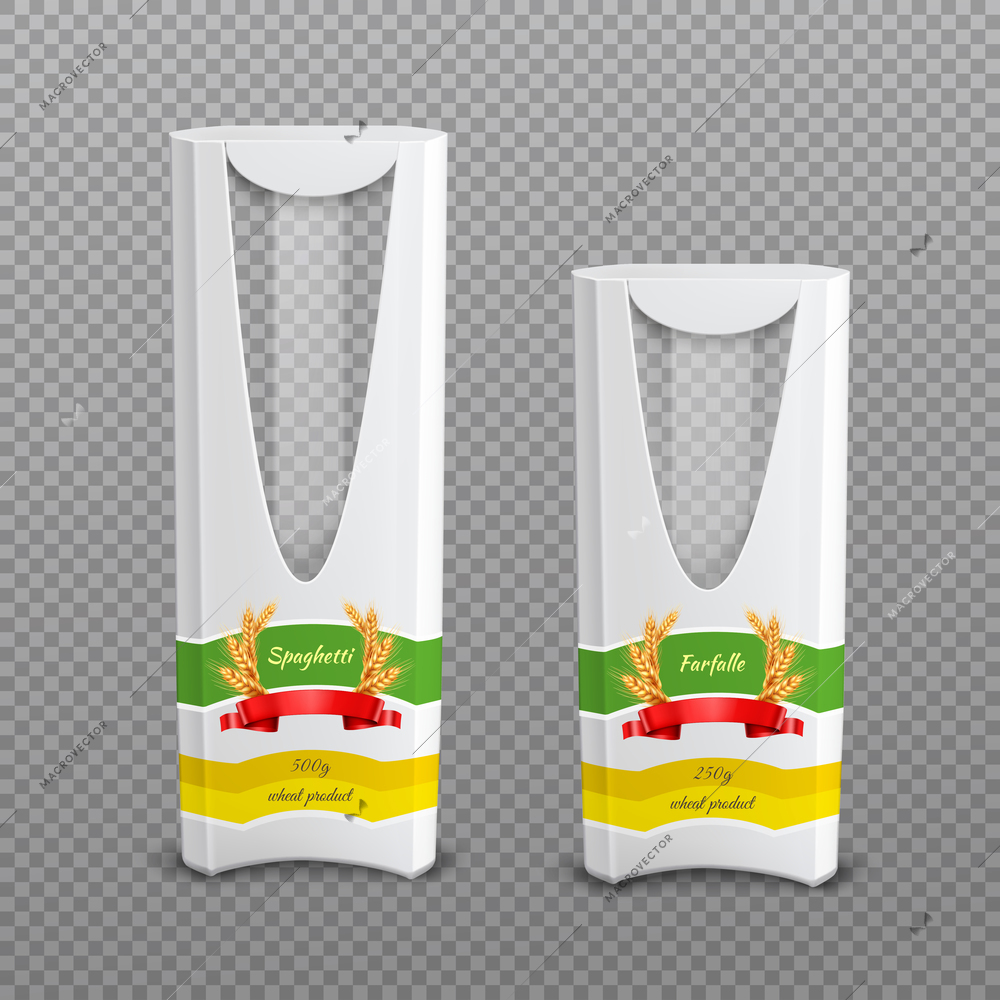 Set of realistic empty cardboard pasta packages with plastic window isolated on transparent background vector illustration