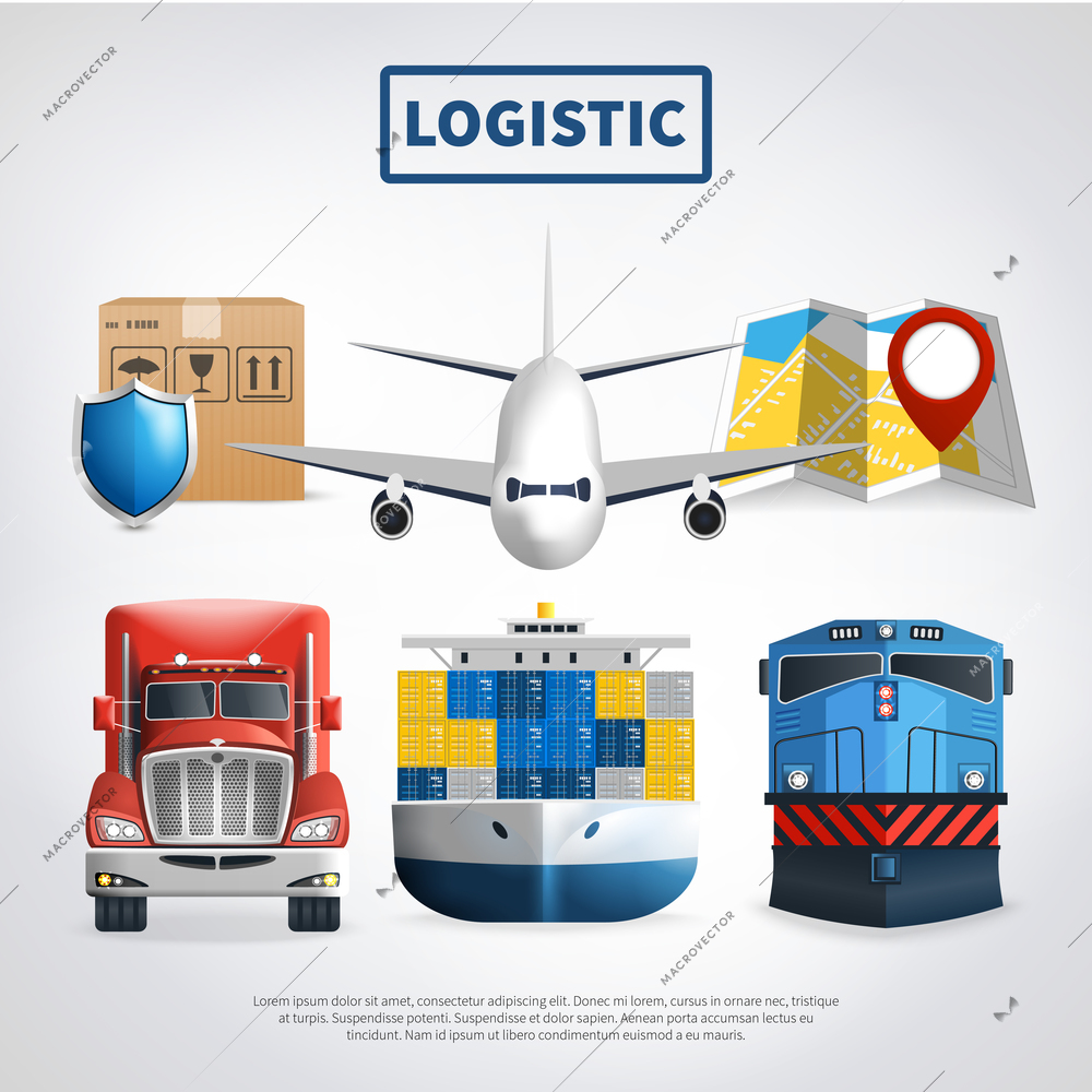 Logistic colored poster with means of transport to deliver goods and big headline vector illustration