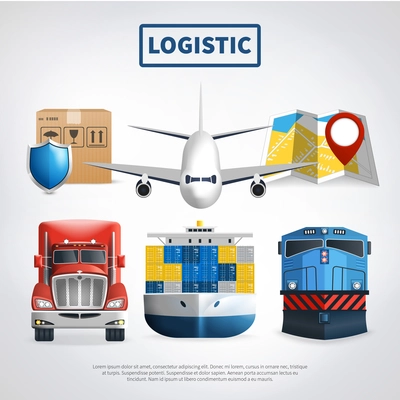 Logistic colored poster with means of transport to deliver goods and big headline vector illustration