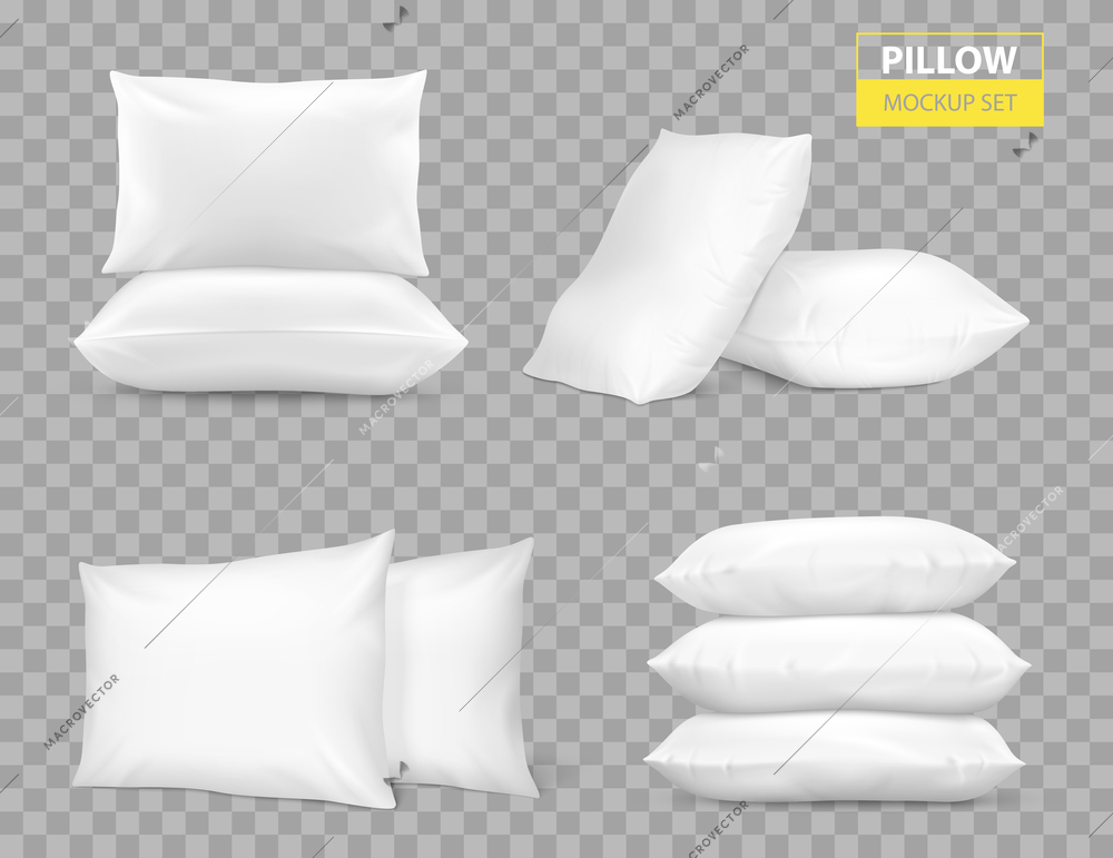 Realistic white bed room rectangle pillows side en top view  combinations mockup set transparent background vector illustration