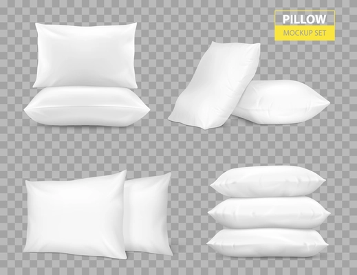 Realistic white bed room rectangle pillows side en top view  combinations mockup set transparent background vector illustration