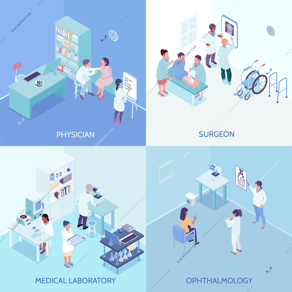 Health care center 2x2 design concept with physician surgeon ophthalmology and medical laboratory square icons isometric vector illustration