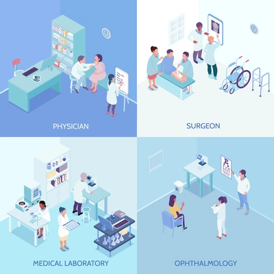 Health care center 2x2 design concept with physician surgeon ophthalmology and medical laboratory square icons isometric vector illustration