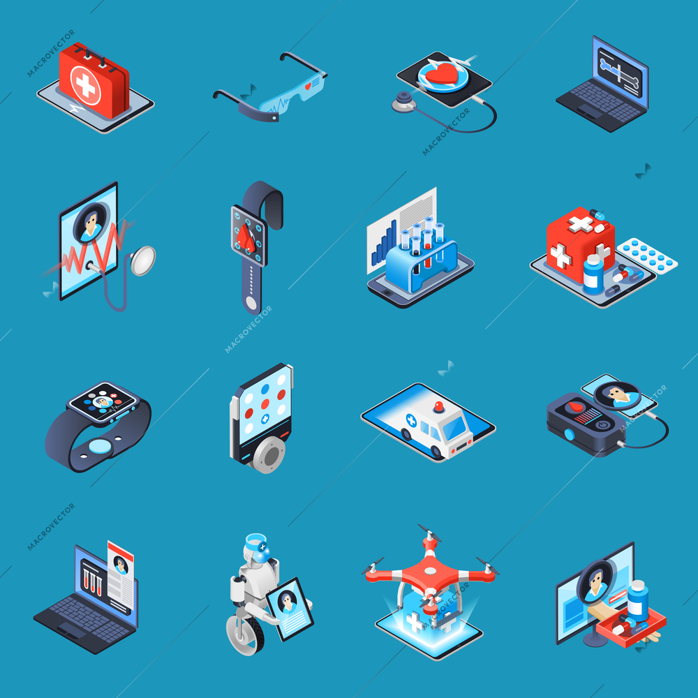 Digital medicine isometric icons with electronic devices, robotic technologies, online consultation isolated on turquoise background vector illustration