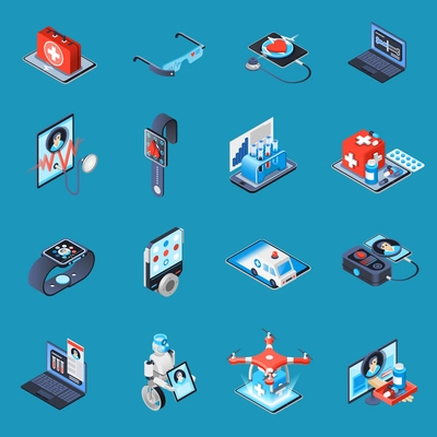 Digital medicine isometric icons with electronic devices, robotic technologies, online consultation isolated on turquoise background vector illustration