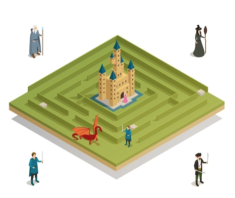 Fairy tale labyrinth game with medieval castle  witch soldier knight and dragon figures isometric composition vector illustration