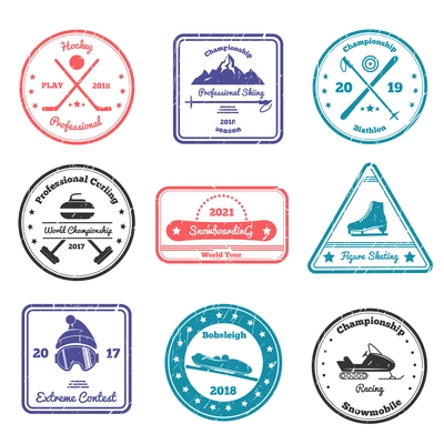 Winter sports stamps of various shape with skiing, biathlon, hockey, curling, figure skating, snowboarding isolated vector illustration