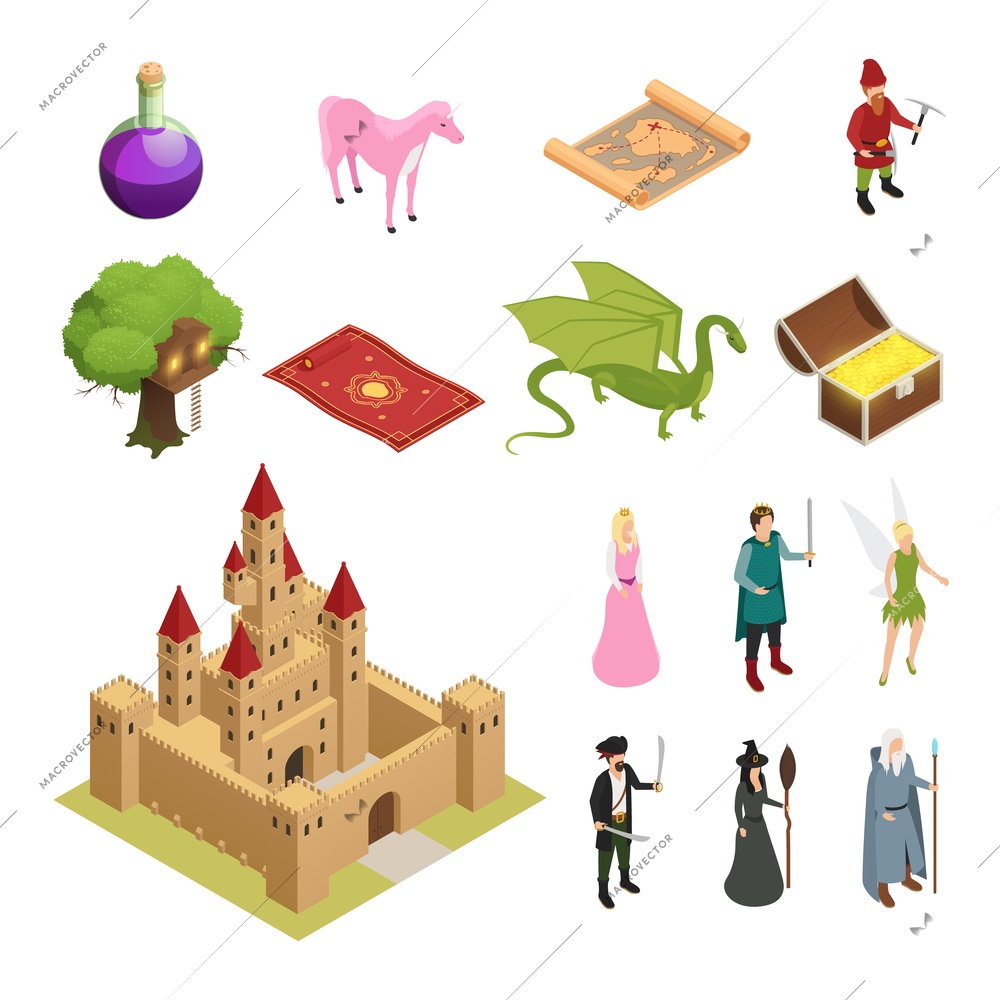 Fairy tale isometric icons set with castle dragon knight princess treasure chest magic carpet isolated vector illustration