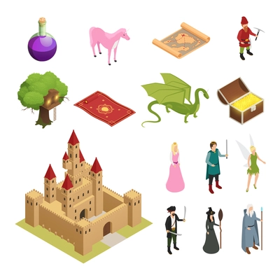 Fairy tale isometric icons set with castle dragon knight princess treasure chest magic carpet isolated vector illustration