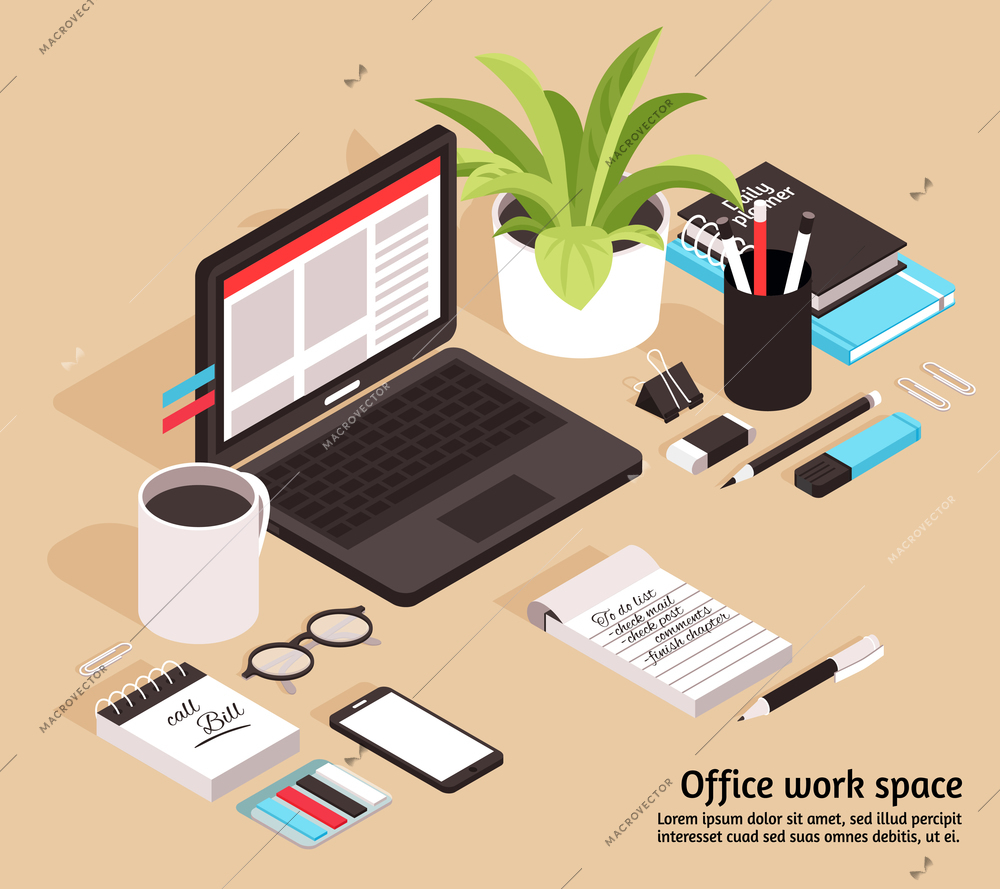 Office workspace isometric business design concept with notebook glasses diary cup of coffee and stationary items vector illustration