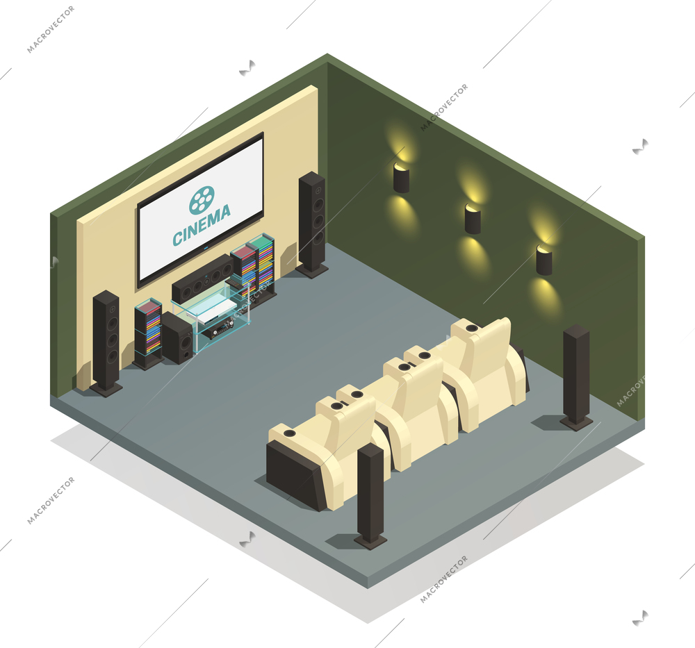 Isometric room interior with modern home theater and comfortable armchairs on white background 3d vector illustration