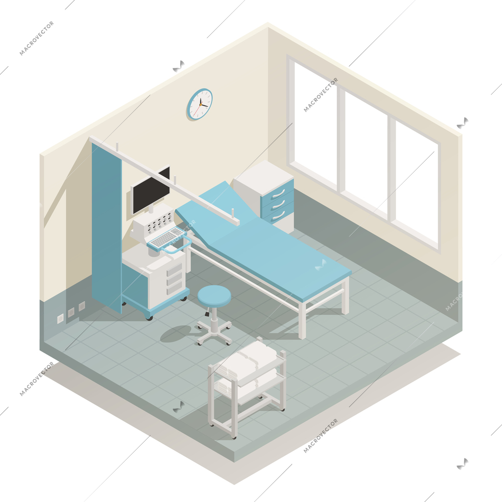 Hospital intensive care unit life support and monitoring medical equipment with patient bed isometric composition vector illustration