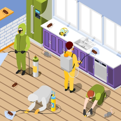 Pest control isometric background with exterminators in protective suits spraying pesticide in home interior vector illustration