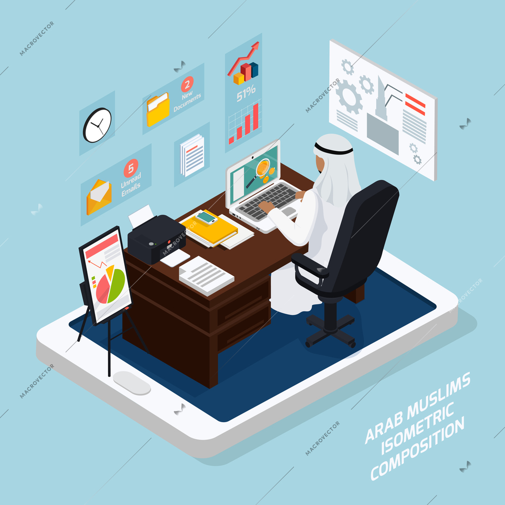 Isometric composition on blue background with arab muslim at workplace located on mobile device screen vector illustration