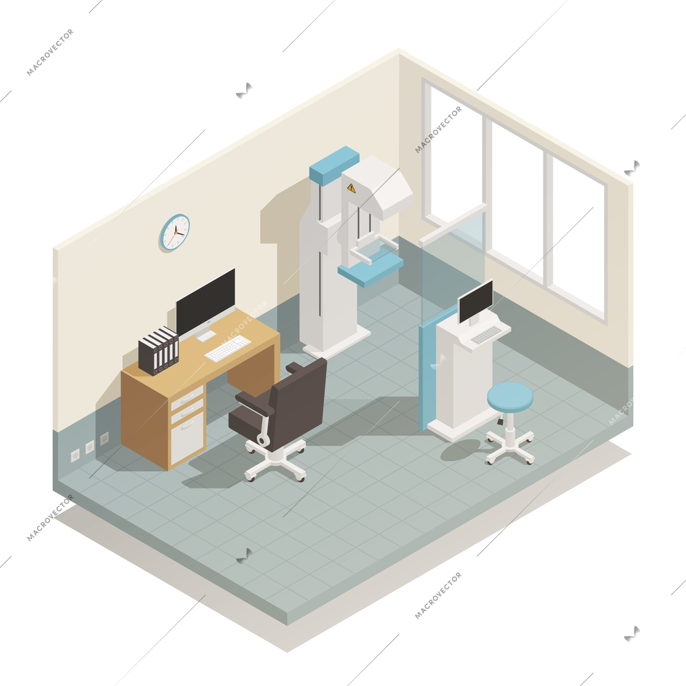 Hospital medical diagnostic mammography screening equipment for breast examination isometric composition with laboratory personnel desk vector illustration