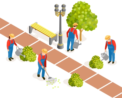 Gardener isometric composition with human figures of gardeners in hats and uniform watering municipal garden plants vector illustration