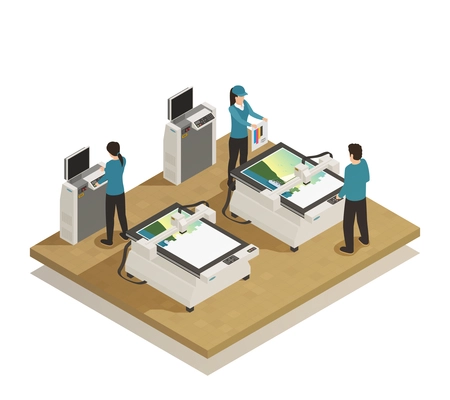 Computerized large format digital press equipment and operators in modern printing house facility isometric composition vector illustration