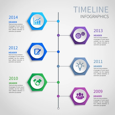 Abstract paper timeline infographics design template with hexagon buttons and business icons vector illustration