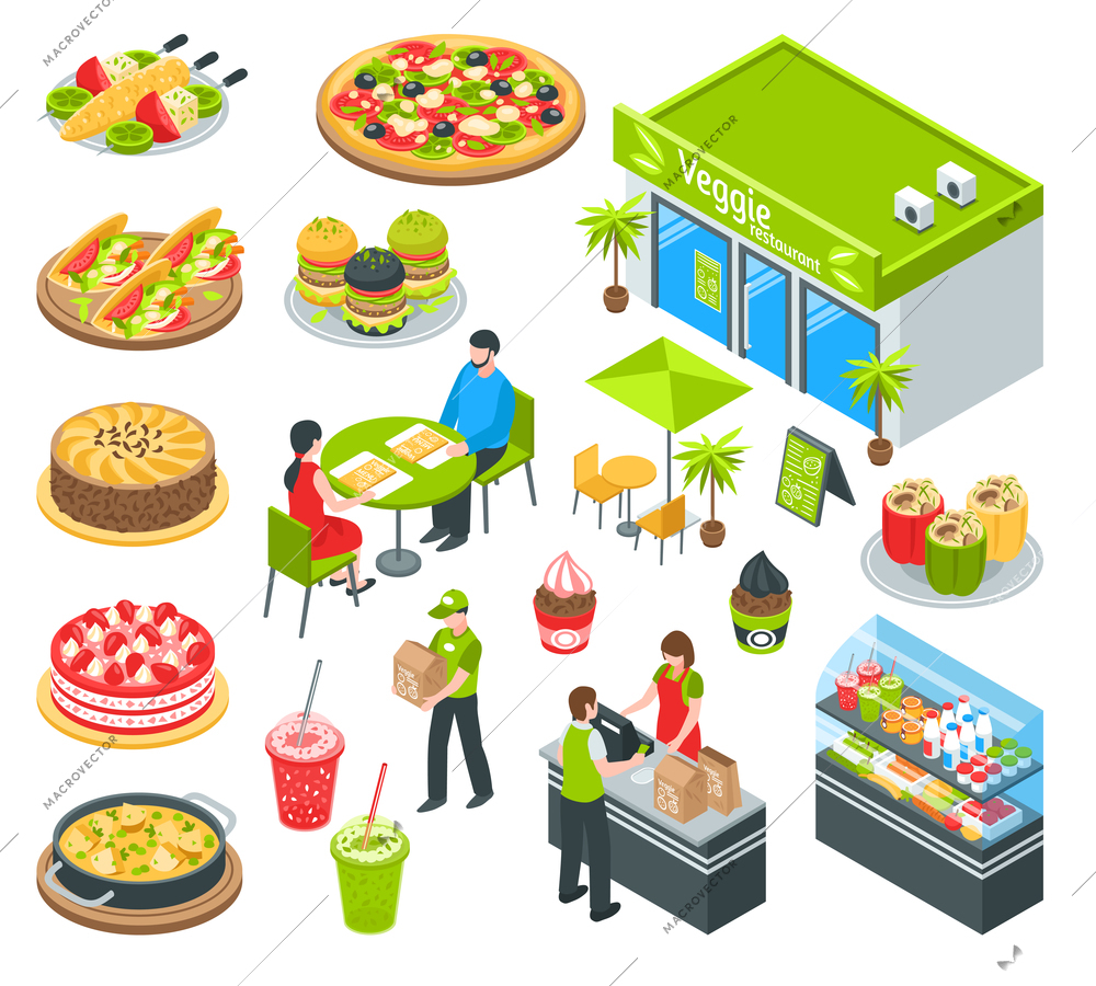 Vegetarian natural healthy food cafe isometric icons set with waiter serving tasty dishes and desserts vector illustration