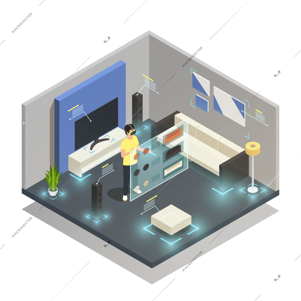 Man wearing augmented reality glasses in modern furnished room isometric composition 3d vector illustration