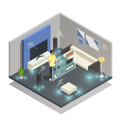 Man wearing augmented reality glasses in modern furnished room isometric composition 3d vector illustration