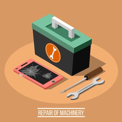 Repair of machinery isometric design concept set of  spanner screwdriver mobile smartphone with broken screen and toolbox vector illustration