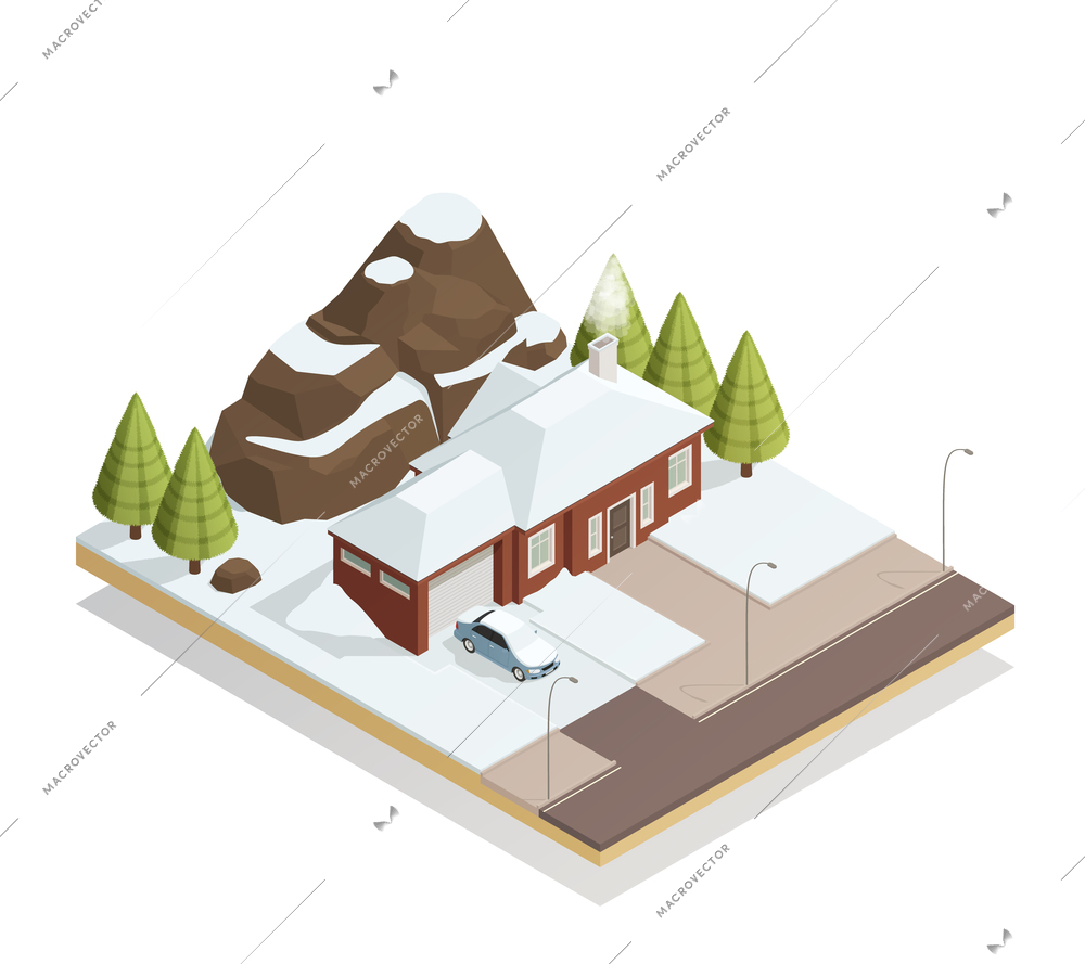 Winter snowy landscape isometric composition with car by garage door cottage rocky mountains fir-trees vector illustration