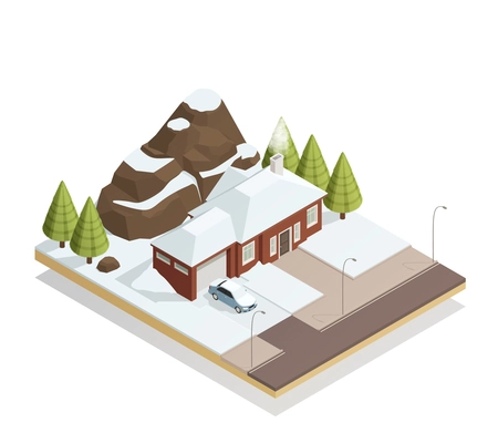 Winter snowy landscape isometric composition with car by garage door cottage rocky mountains fir-trees vector illustration