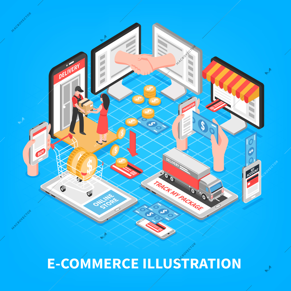 Electronic commerce isometric vector illustration with plastic card home delivery account page in smartphone screen elements