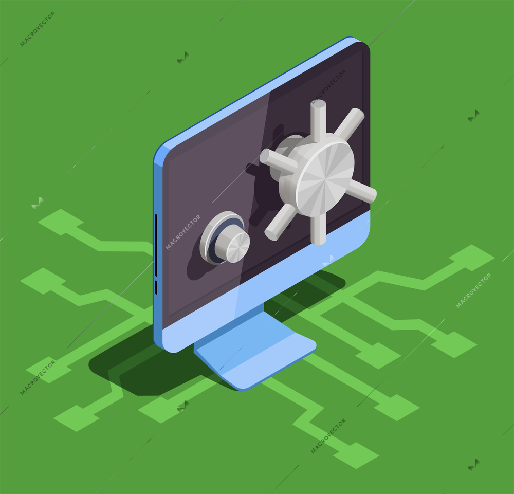 Data encryption cyber security isometric composition with desktop computer and safe lock built into display screen vector illustration