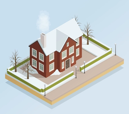 Freezy winter landscape with free standing town house with some land isometric elements composition vector illustration