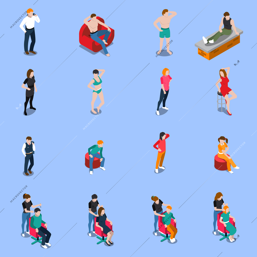 Photo model agency set of isometric people posing for camera on blue background isolated vector illustration