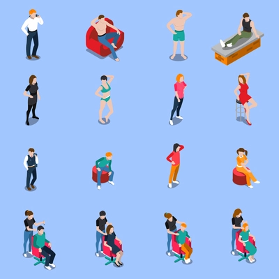 Photo model agency set of isometric people posing for camera on blue background isolated vector illustration