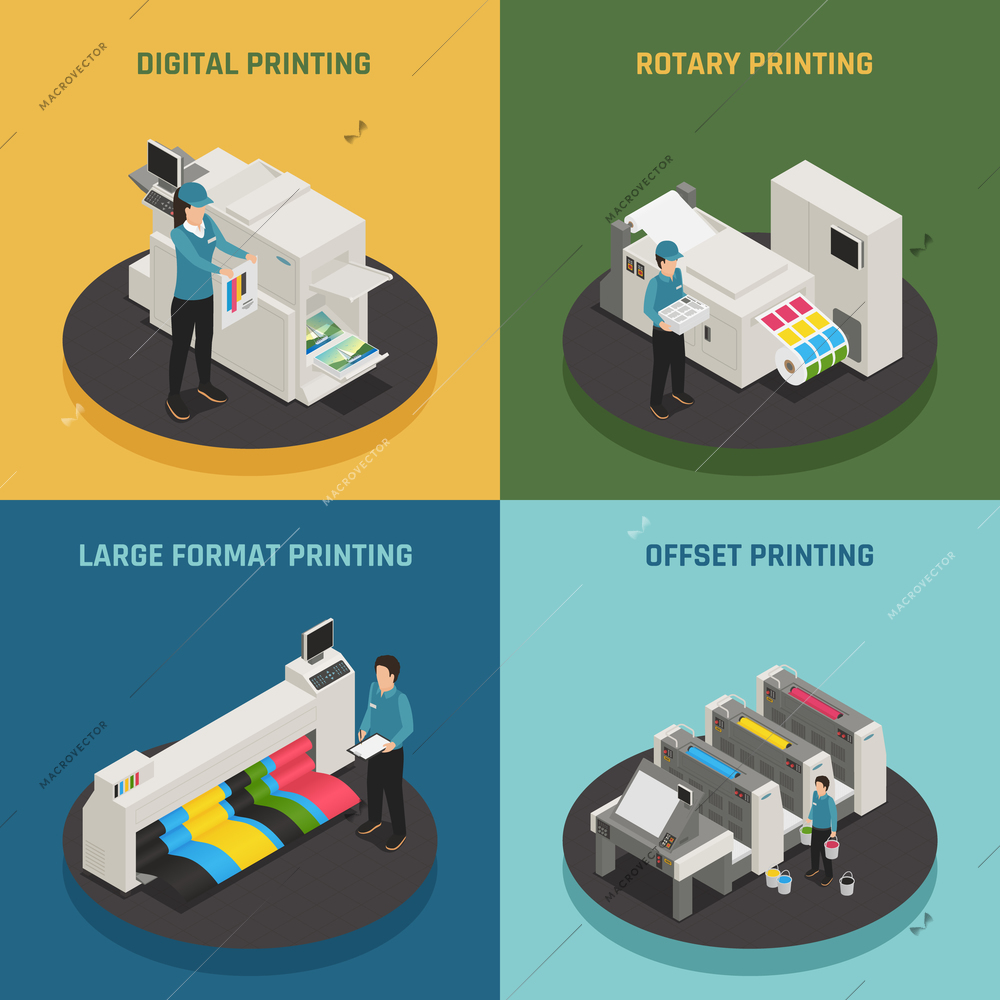 Printing house 4 isometric icons concept with digital rotary large format and offset production types vector illustration