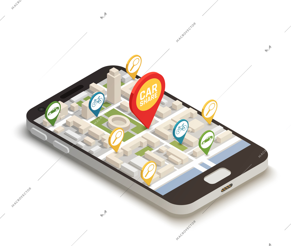 Find car online abstract composition with  mobile smartphone web application used for carsharing carpooling ridesharing isometric vector illustration