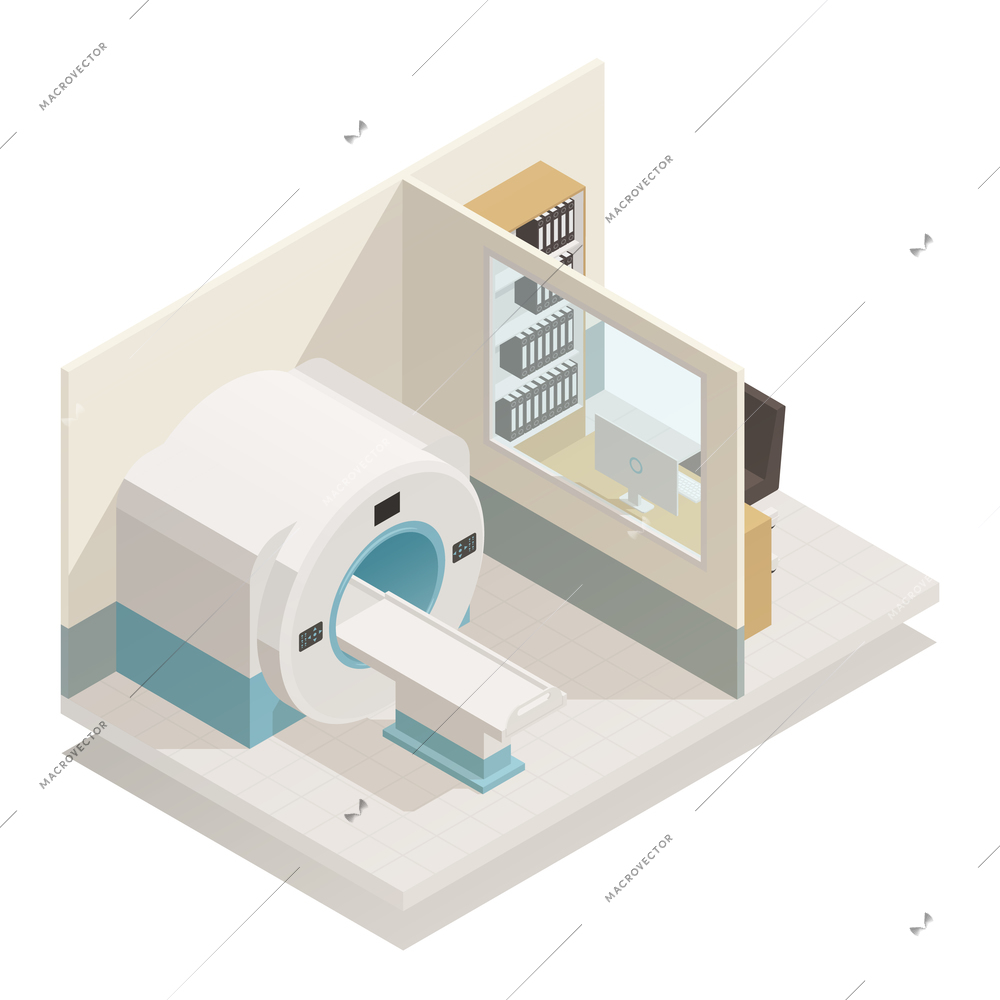 Medical diagnostic equipment isometric composition with mri magnetic resonance imaging scanner radiology unit vector illustration