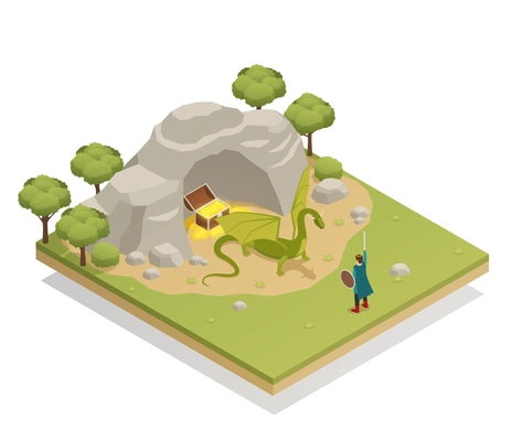 Fairy tale isometric composition with brave knight challenging guarding treasures dragon at cave entrance vector illustration