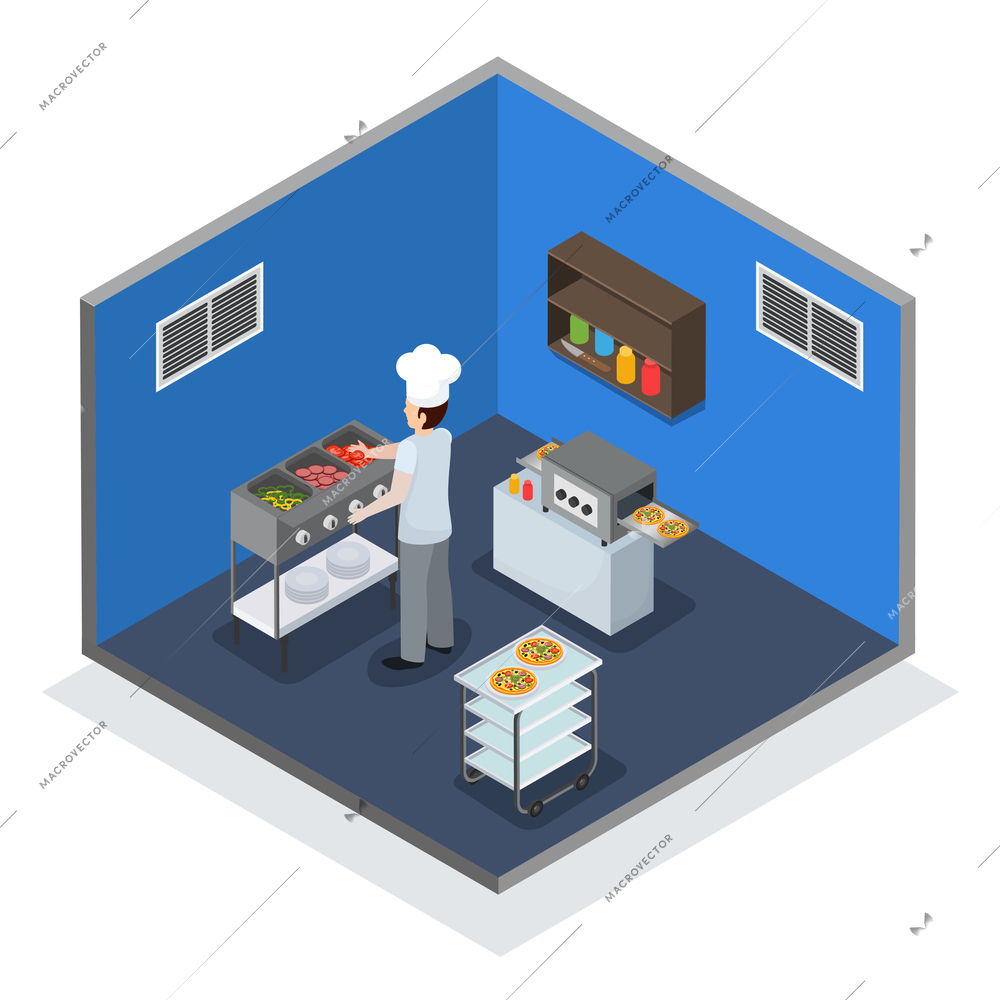 Professional kitchen facility interior isometric composition with chef at hot food unit and mini conveyor vector illustration