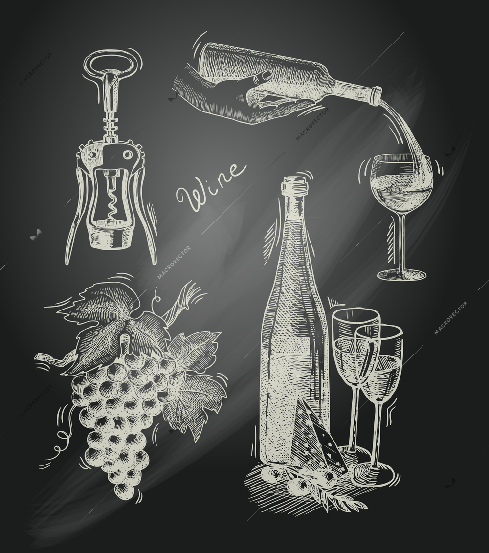 Wine vintage chalkboard decorative icons set of corkscrew bottle grape branch isolated vector illustration