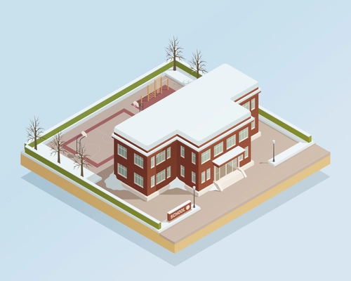 Winter landscape with college high school building with adjacent with adjacent sports areas isometric composition vector illustration