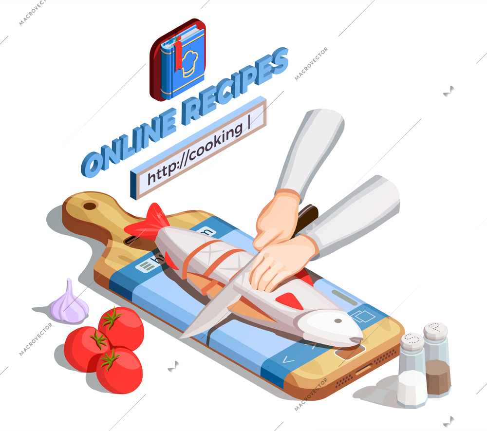 Professional cooking people chef pizzaiolo isometric people composition with human hands gilling fish with website address vector illustration