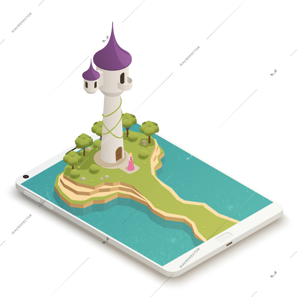 Tall fairy tale tower and beautiful golden-haired girl  beneath isometric composition on smartphone screen vector illustration