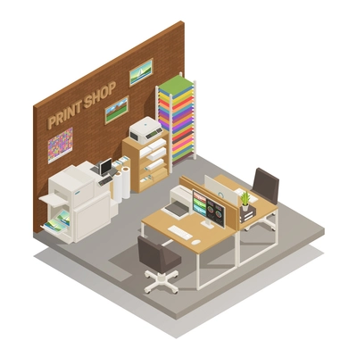 Printshop studio interior to print mobile and desktop photos documents cards t-shirts isometric composition vector illustration