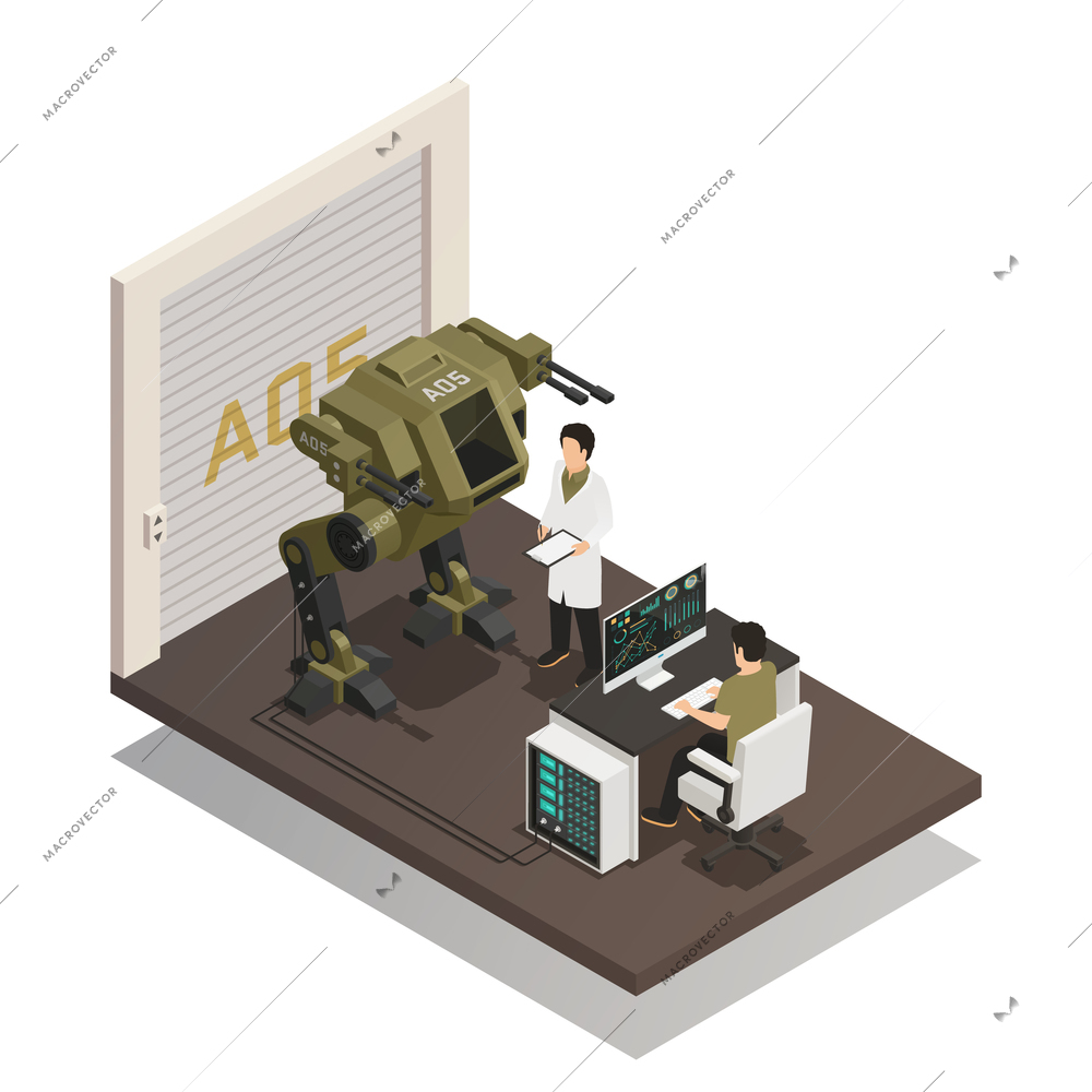 Fighting robots design concept with engineers in scientific lab interior involved in development of stormtrooper machine isometric vector illustration